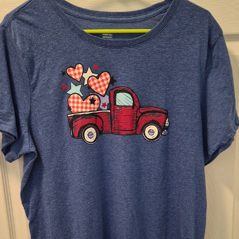 Women's Blue Tee with Red Truck and Hearts